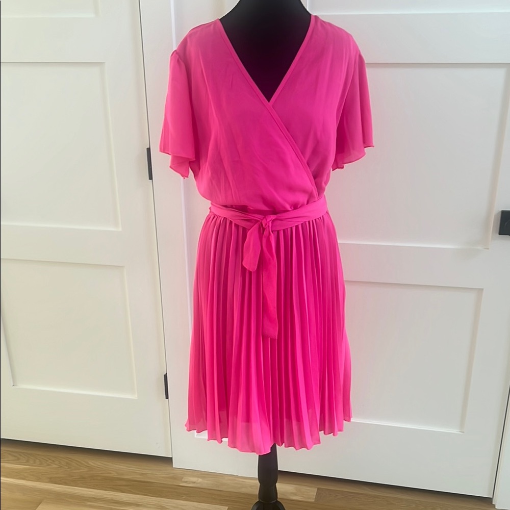 Pink Pleated Wrap Midi Dress with Flutter Sleeves